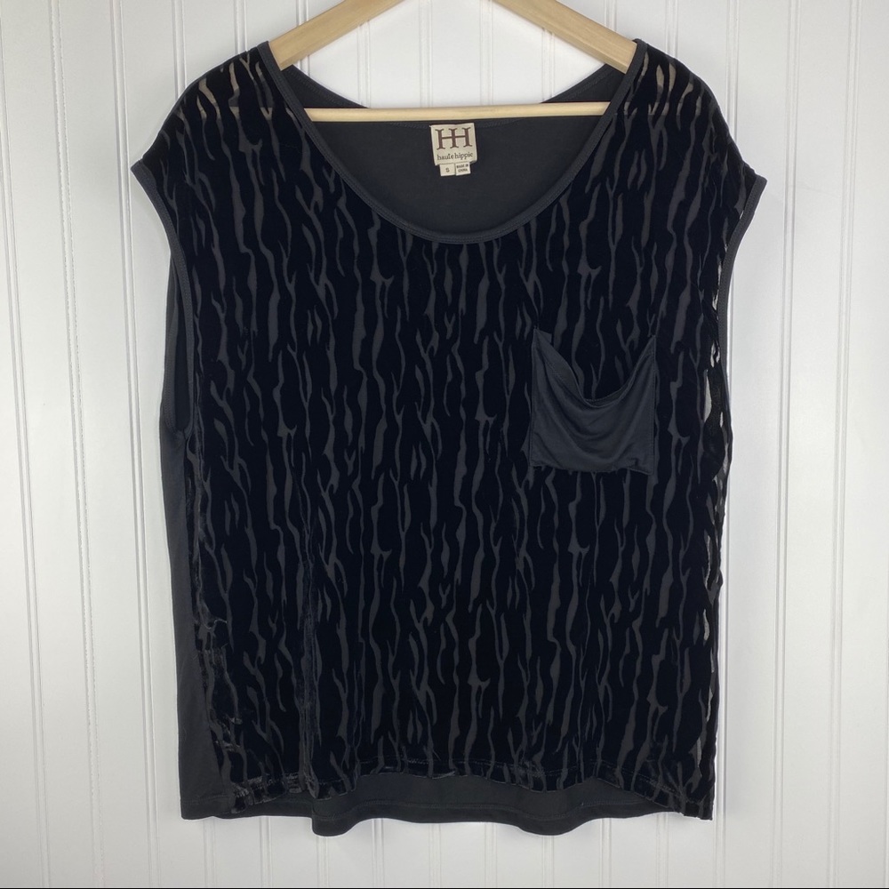 Haute Hippie Black Velvet Animal Print Top Small